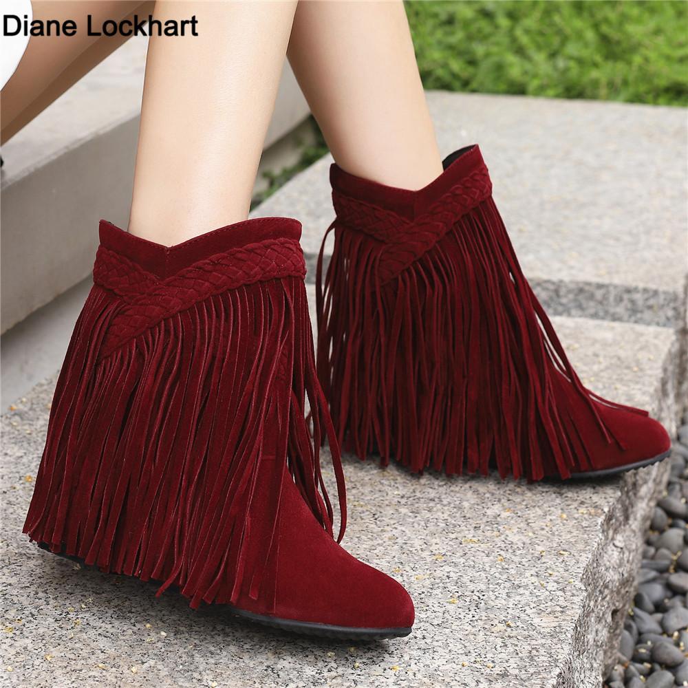 Mote 2025 Mote Høst Vinter Ny Etnisk Kvinne Bohemsk Flock Dusk Skjult Mokasin Ankelstøvletter Støvletter Frynser Kvinne Slip-On Sko