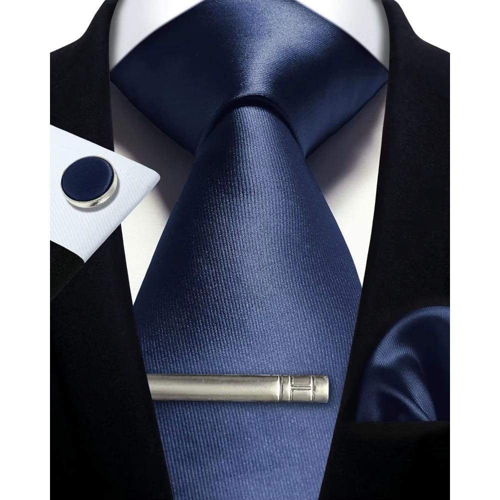 Mens Silk Tie 8Cm Solid Red Blue Necktie Handkerchief Cufflinks Gift Box Set Formal Ties For Man Workplace Business Wedding Gift