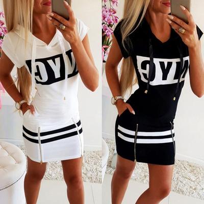 Women Fashion Casual Short Sleeve Hoodie Bodycon Short Dress with Letter Pattern Drawstring Zipper Hoody