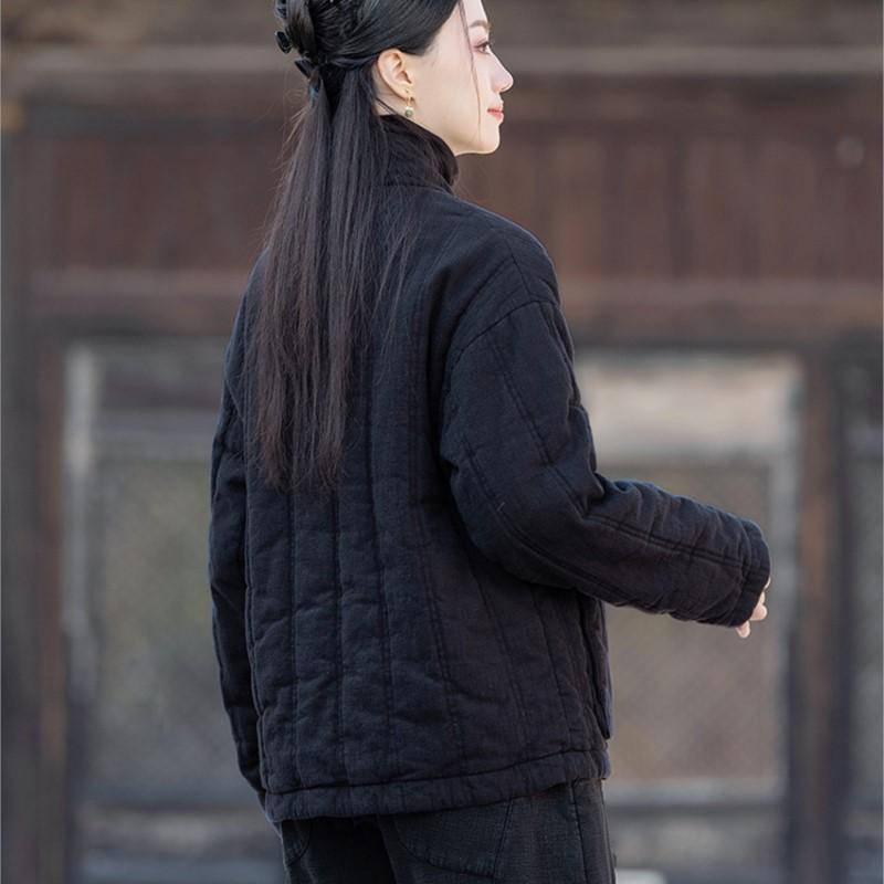 Johnature Women Chinese Style Button V-Neck Solid Color Coats Winter Pockets Coats