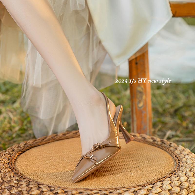 

Sheepskin thin straps cross pointed head thin heel high heel single shoes women s word with temperament bag head sandals outer wear 39 коричневый