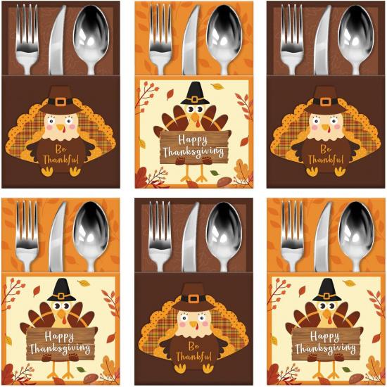 24PCS Thanksgiving Cutlery Holders Set Happy Thanksgiving Turkey Utensil Fall Utensil Holder Turkey Utensils Decor for Autumn Fall Harvest Party