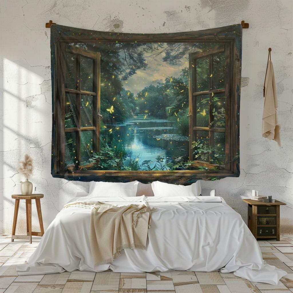 1 Stück magisches Glühwürmchen-Wandteppich, Fenster Fluss Wald 2D-Druck Dekor, Polyester-Material, Ganzjährig für Schlafzimmer & Wohnzimmer Wand