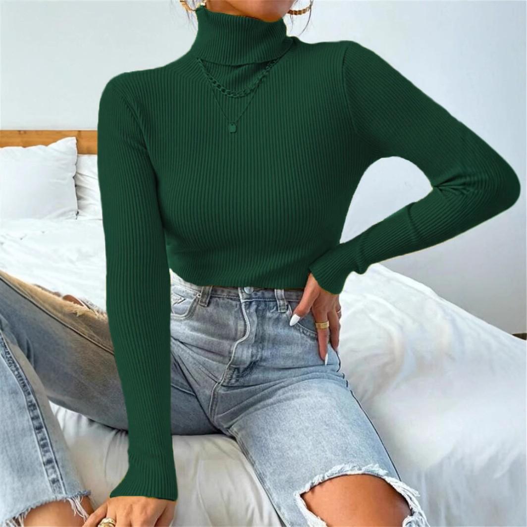

Женские модные осенне-зимние базовые водолазки в рубчик вязаные свитера Низ Теплые свитера Пуловеры с длинными рукавами Однотонный свитер Джемпер Тонкие топы M темно-зеленого