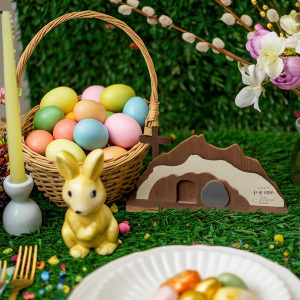 NELXI He is Risen Easter Decor, Christian Resurrection Scene Wooden Display, Empty Tomb and Cross Religious Tabletop Decoration, Rustic Farmhouse