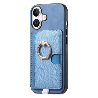 For iPhone 16 Plus Case Ring Kickstand Leather+TPU+PC Phone Cover Detachable 2-in-1 Card Holder