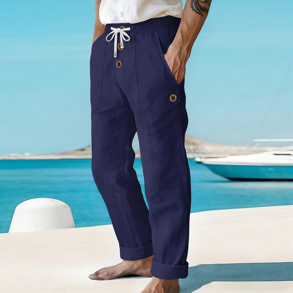 Men's Casual Pants - Large Pocket Drawstring Straight-leg Pants