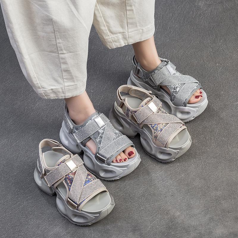 Chunky Platform Sparkle Velcro Sandals for Women Futuristic Thick Sole Summer Shoes