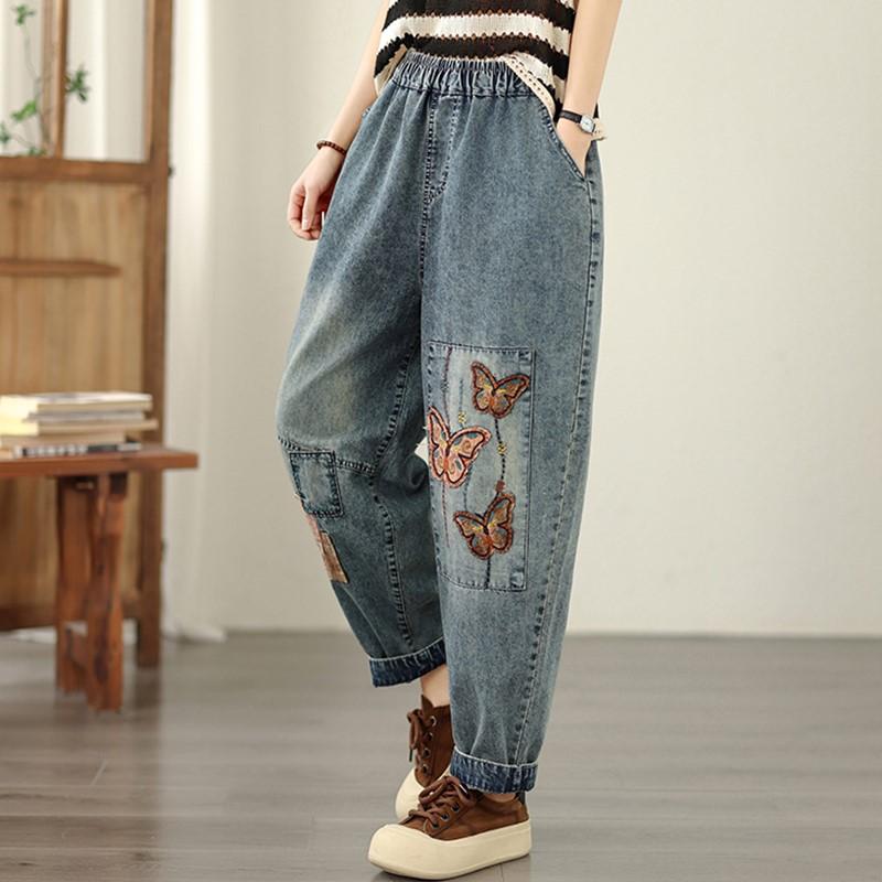 Übergröße Vintage Stickerei hohe Taille lässig locker Damen Frühling Sommer Herbst Jeans Denim Haremshose