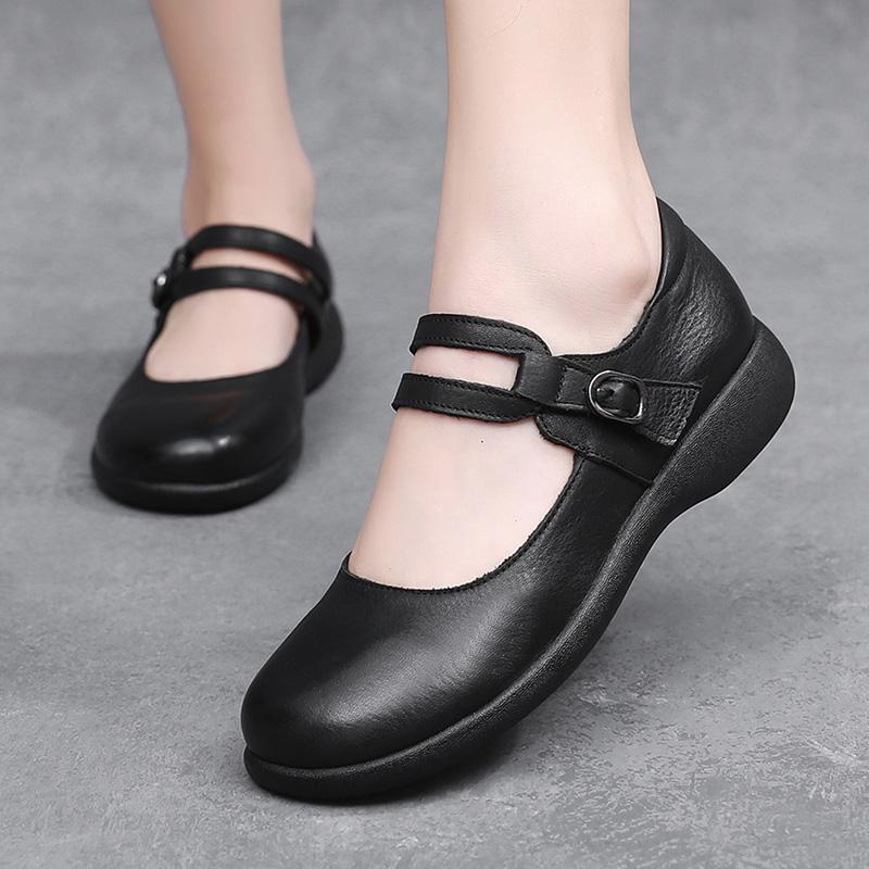 Fashion GKTINOO Leather Shoes Women Mary Janes Genuine Leather Women's Shoes Round Toe Belt Buckle Ladies Casual Flats Large Size