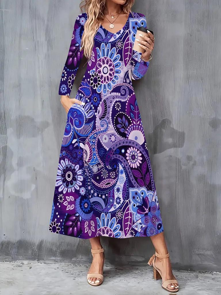 2025 Autumn and Winter New Women Casual Fashion Dress 3D Retro Pattern Print  Long Sleeve V-Neck A-Line Dresses