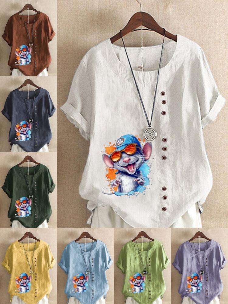 Women's Fashion Colorful Mouse Print Round Neck Short Sleeve T-shirt Casual Cotton Linen Graphic Shirt Leisure Loose Summer Blouse Tops