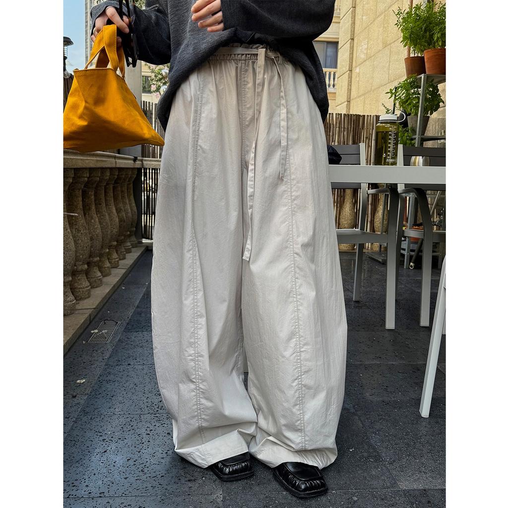 Japanese Style Relaxed And Elastic Waistband With Curved Waistband Casual Pants, Loose Silhouette Pants For Women