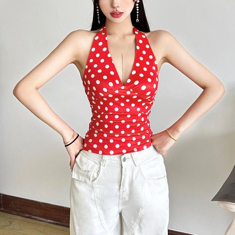 New Polka Dots Halter Neck Tank Tops Women Sexy Low-Neck Vest Slim Fit Off Shoulders Backless Short Tops Street Fashion Sexy Ruched Elegant Outfits