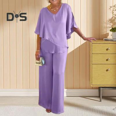 Zweiteiliges Sommer-Outfit für Damen, V-Ausschnitt, unregelmäßiger Lagensaum, Oberteil mit weitem Bein und Hose, lässiger, lockerer Lounge-Anzug