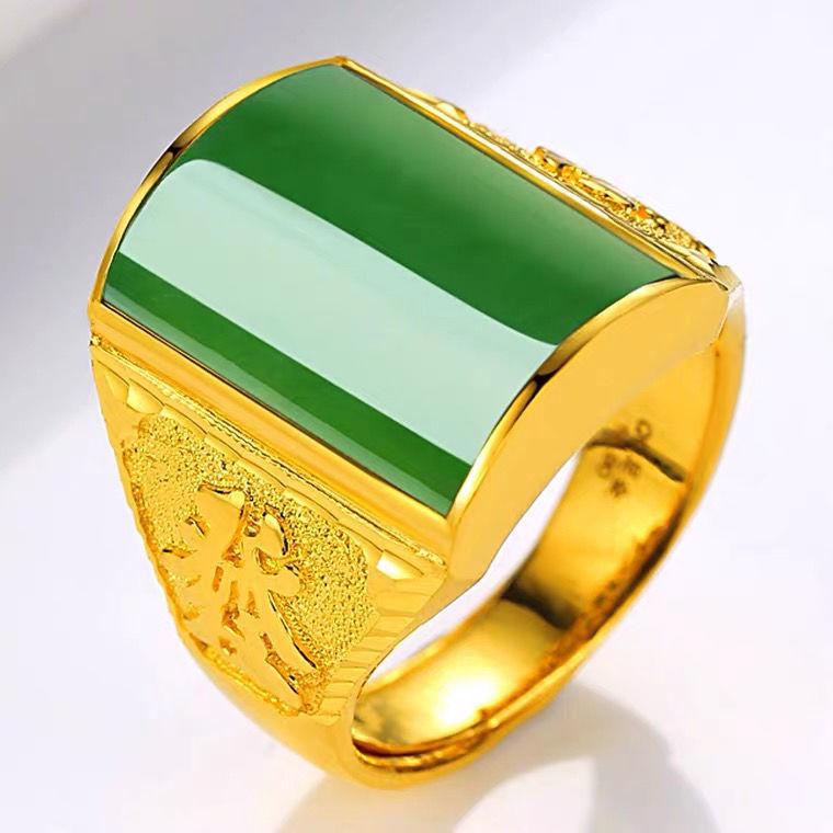 

Мужское вьетнамское песочно-золотое медное позолоченное кольцо с нефритовым дизайном Fortune