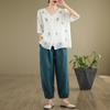 Women's V-Neck Cotton & Linen Embroidered Shirt with 5-Point Sleeves - New Chinese Style, Loose Fit, Versatile for Summer.
