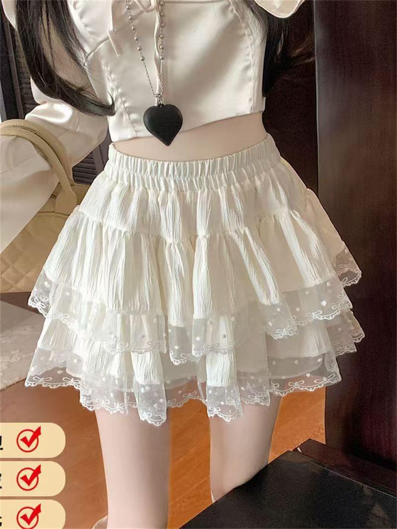 Sweet  Spicy Lace Trim Pleated A-Line Puff Skirt for Spring/Summer S абрикосовый