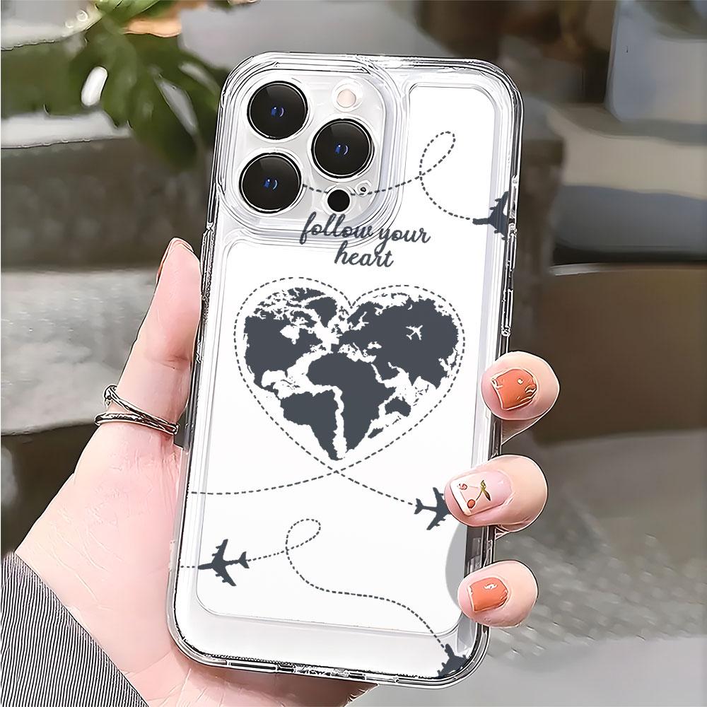 Heart Shaped World Map with Planes Lucency Phone Case for IPhone 14 15 16 13 12 11 17 Pro Max 12 13 Mini Soft Cover
