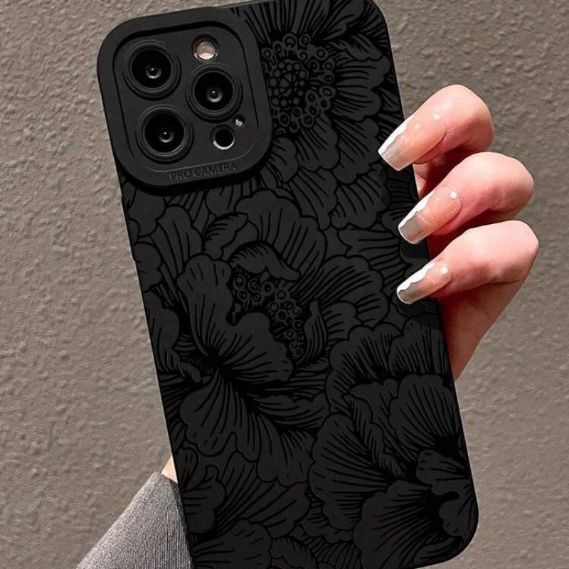 Matte Black Line Flower Sketch Protective Case for Apple 11/15 Pro Max/13