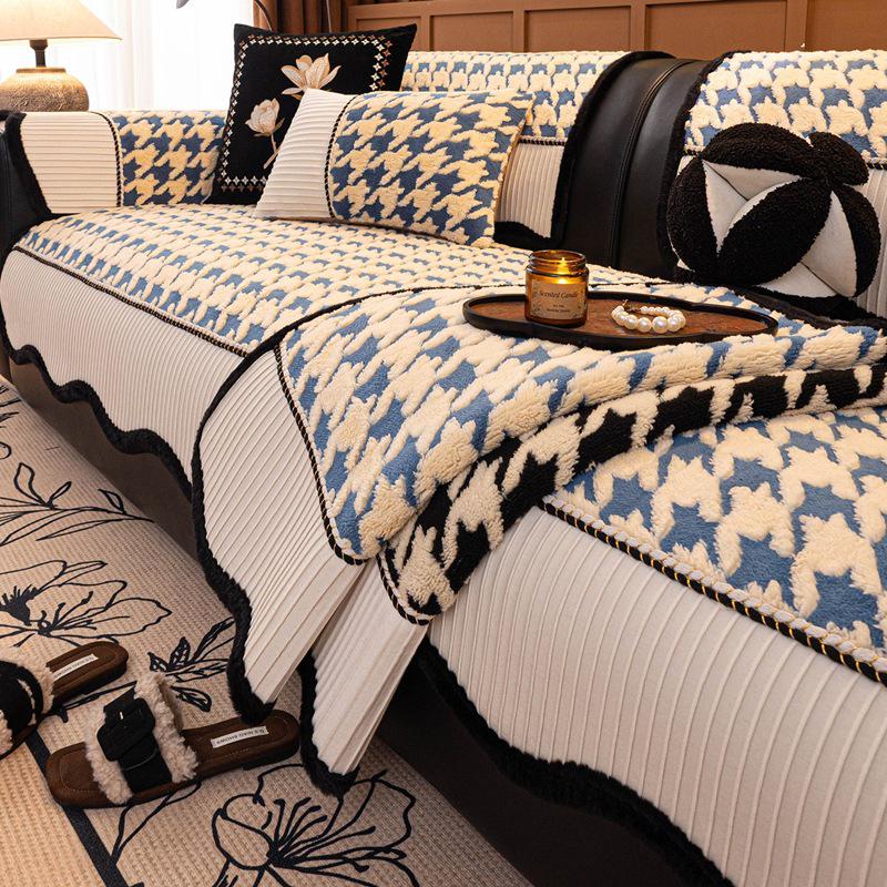 High-End Fluffy Houndstooth Patchwork Sofa Cushion - Non-Slip Seat Cover 2026