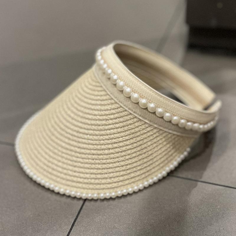 Women Straw Visor Hat With Pearl Decoration Breathable Sun Protection Headband For Spring Summer Travel And Daily Wear