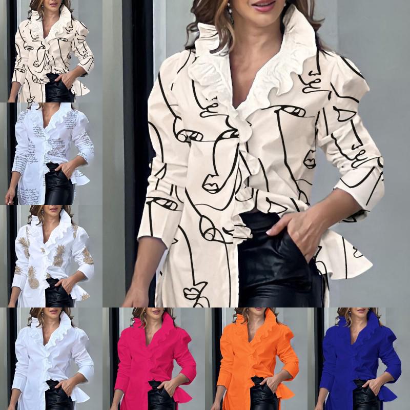 Abstract Print Puff Sleeve Ruffle Collar Women's Shirt