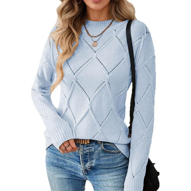 European and American Foreign Trade Women's Sweater, Solid Color Rhombus Hollow Round Neck Pullover Knitted Sweater Top Women