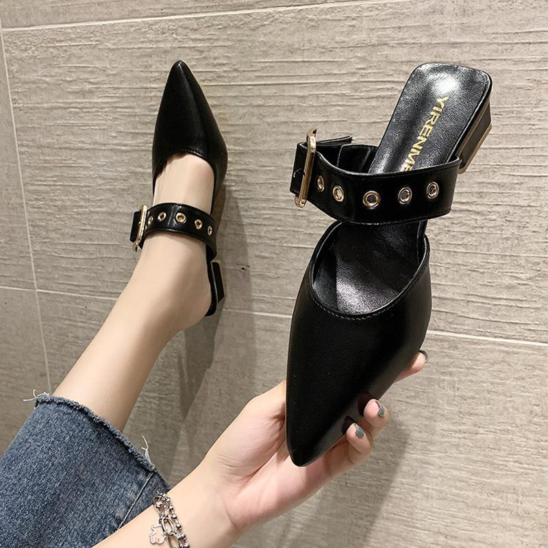 Pointed half slippers women's outer wear spring new versatile thick heel high heels bag head cool slippers