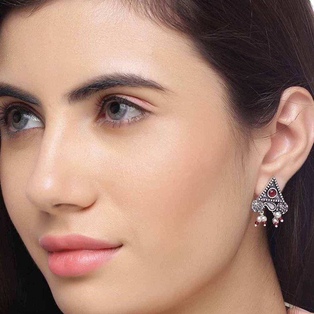 Oxidised Silver Brass Triangle Stud Statement Earrings with Pink Stone for Women and Girls
