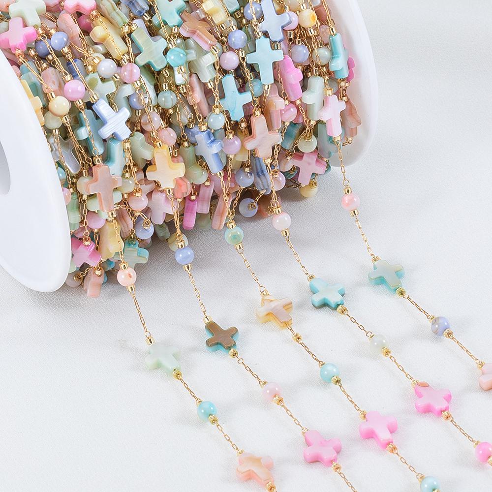1Meter Stainless Steel Natural Shell Chains Colorful Heart Round Beaded Chains for DIY Necklace Bracelet Jewelry Making Supplies