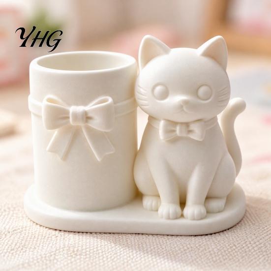 Minimalist Brush Holder 3D Print Cat Pen Holder, Matte PLA Pencil And Makeup Office Desk Organizer Storage Container, Stable Wide Base Bow Design Art