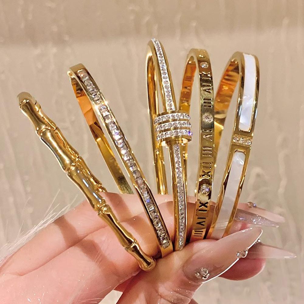 IFME Stainless Steel Zircon Bracelets for Women Personality Bamboo Letter Gold Bracelet Accessories Jewelry Gift