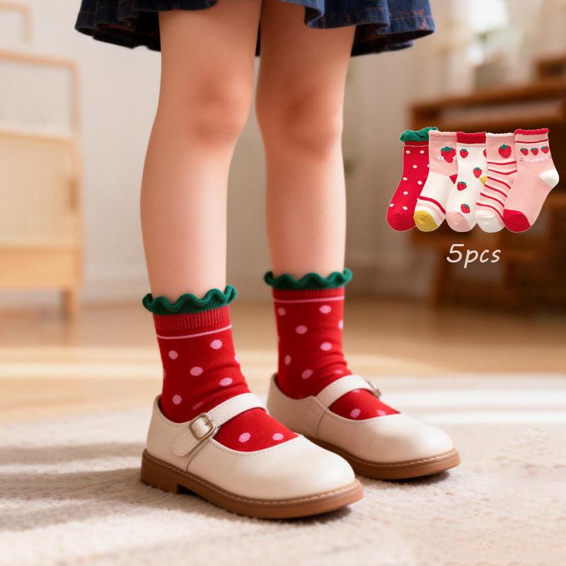 5 Pairs Kids Cotton Socks Spring Autumn Mid Length Soft Comfortable Cartoon Boy Girl Breathable Student Socks