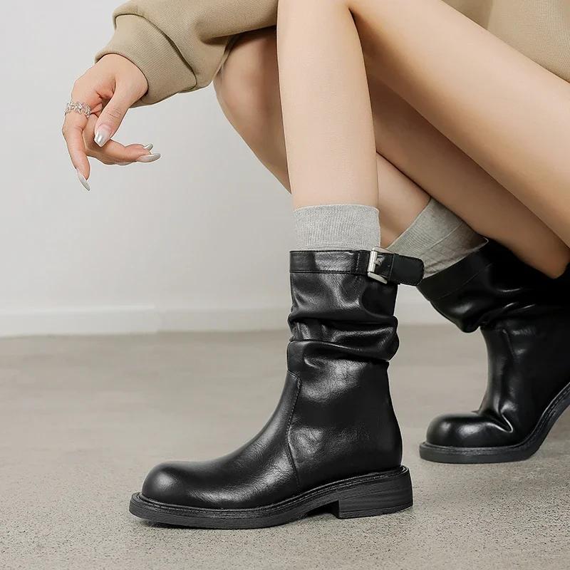 Fashion 2024 New Retro Women Boots Autumn Winter Slip-On Mid-Calf Round Toe Square Heel Basic Women Shoes Motorcycle Boots