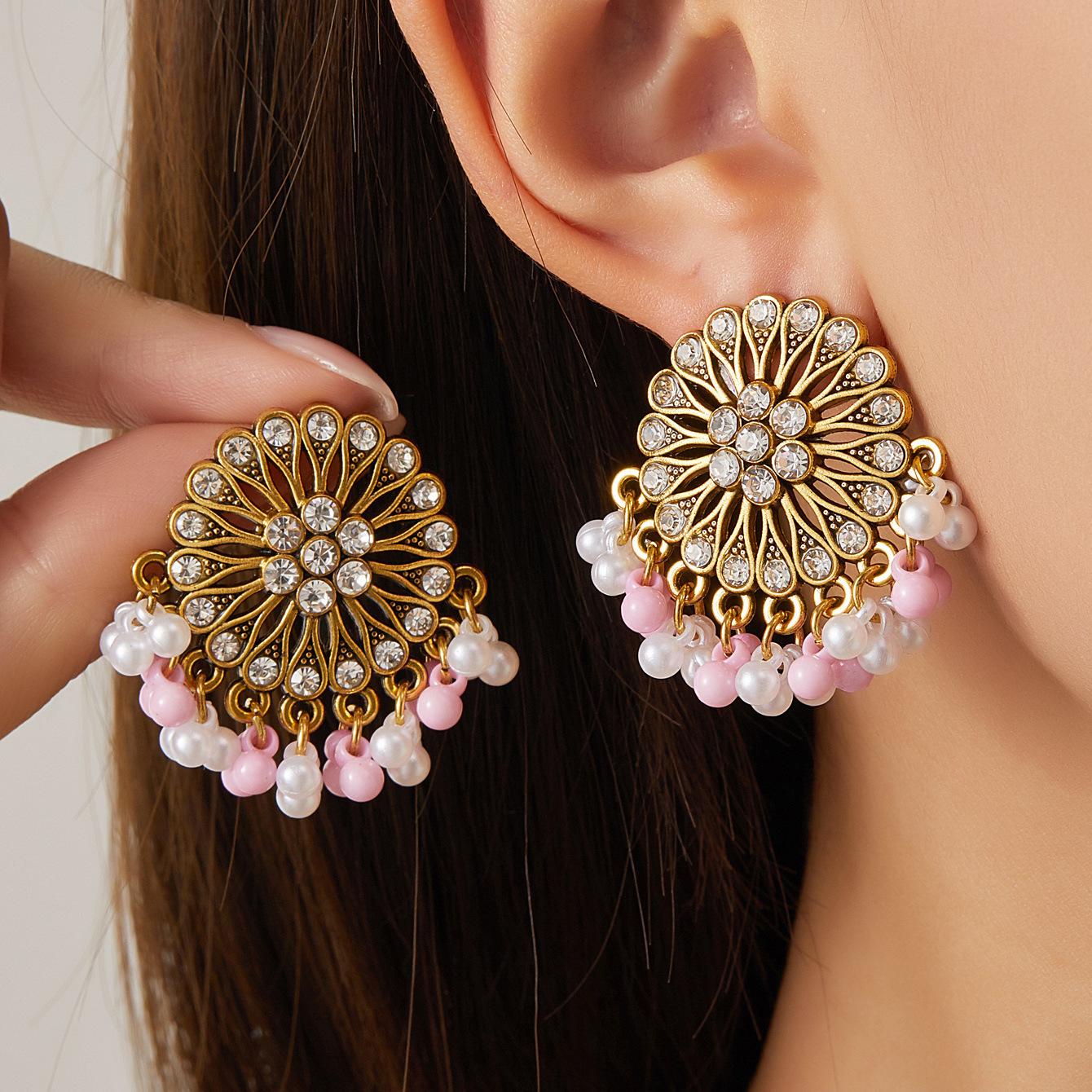 Bohemian Vacation Style Ethnic Flower Tassel Earrings with Diamonds and Pearls