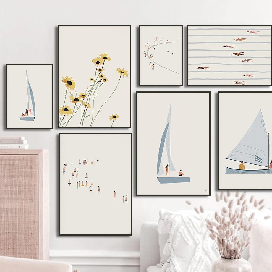 Sailboat Swimming Pool Ocean Floral Minimalist Wall Art Canvas Painting Posters and Prints Wall Pictures for Living Room Decor