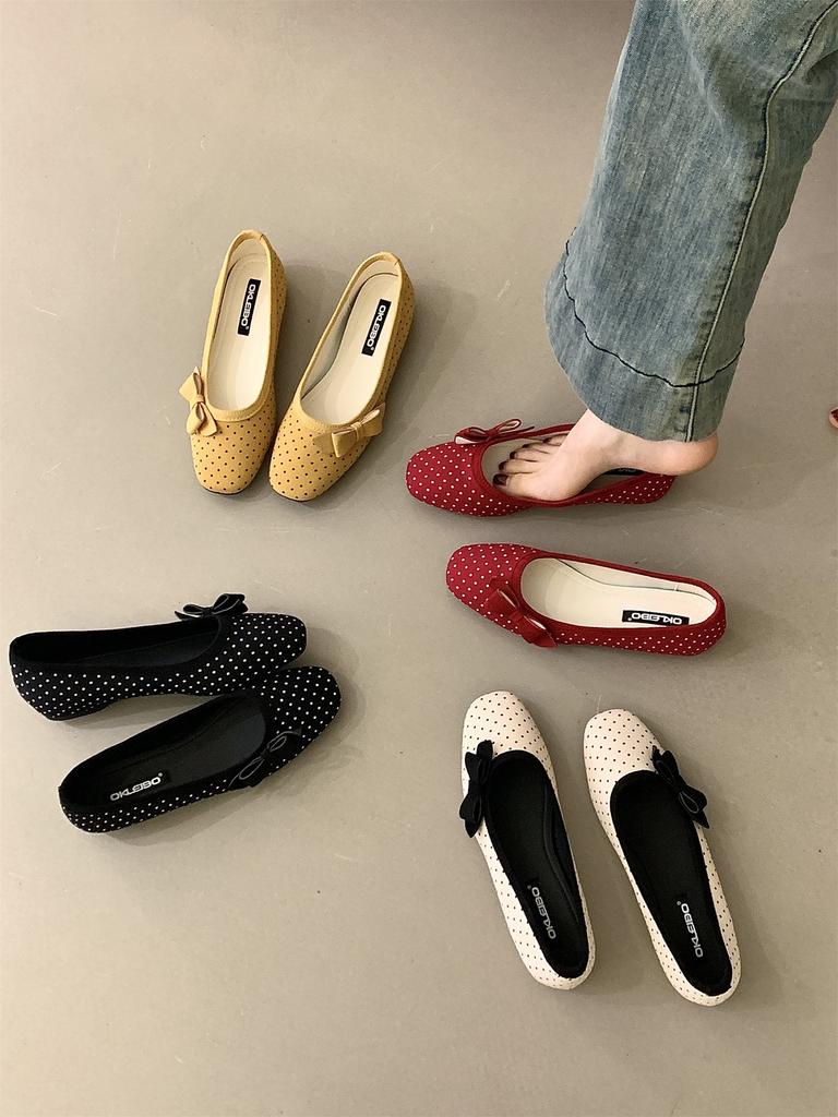 Girly Bow Polka Dot Mary Jane Shoes Women'S Shallow Mouth Round Head One Pedal Ballet Shoes Flat Shoes