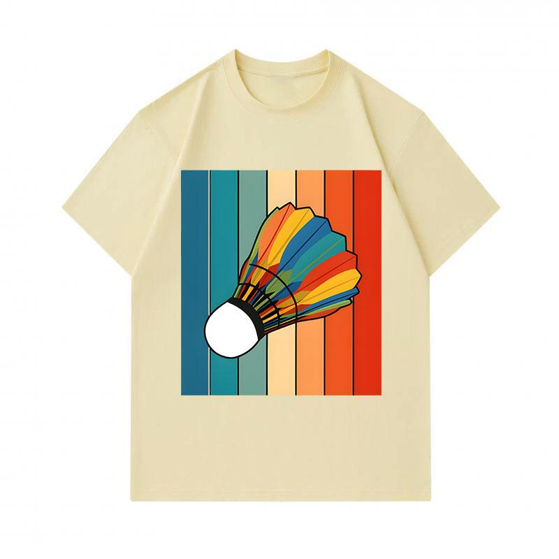 Men's 100% Cotton Crew Neck Short Sleeve T-Shirt, Retro Rainbow Striped Badminton Shuttlecock Graphic Casual Tee for Daily Wear