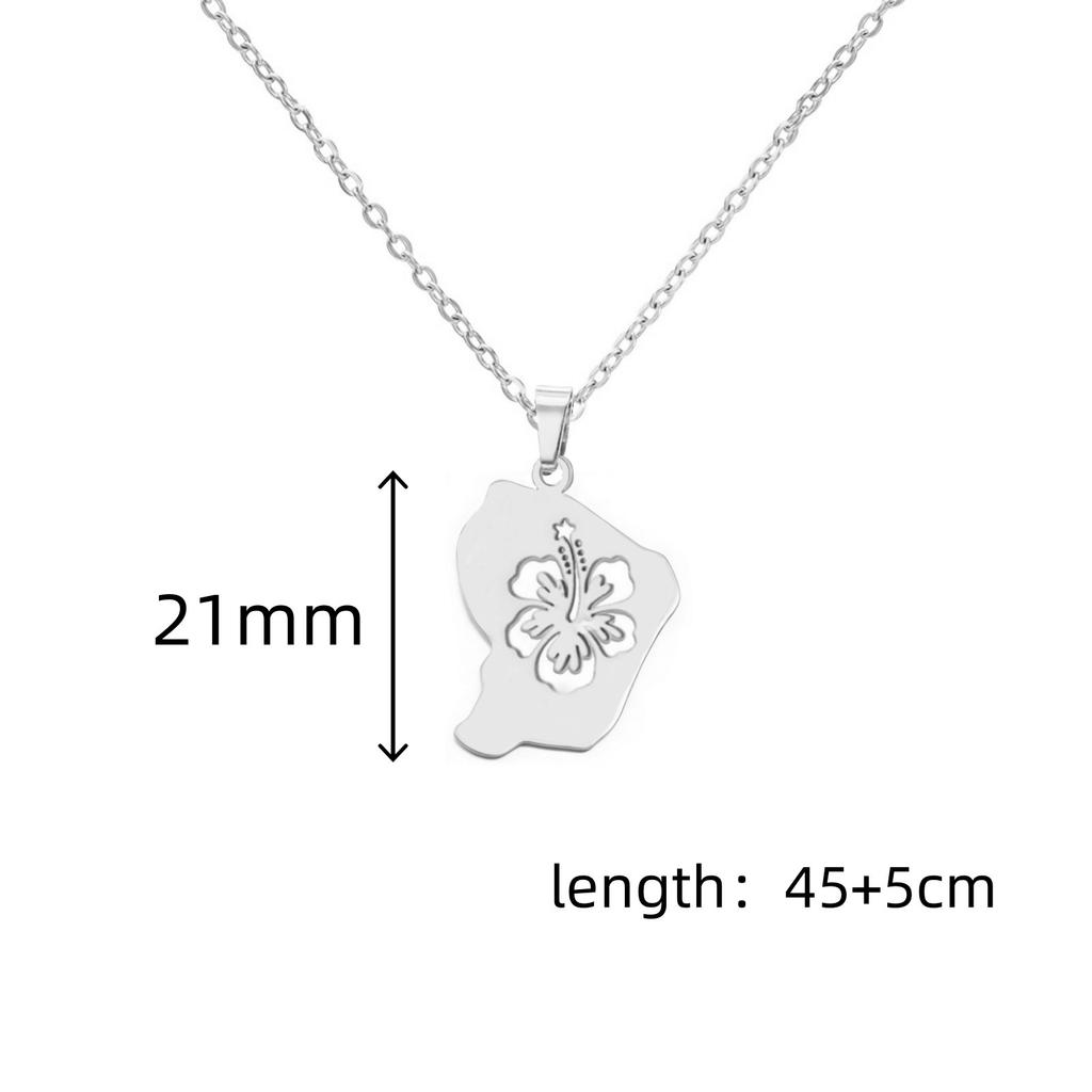 Reunion Map Outline Necklace Hibiscus Guadeloupe Martinique Pendant Necklaces Stainless Steel Guyane Map Necklace For Women