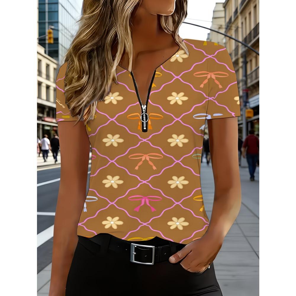 Summer Loose T-shirt Fashionable and Elegant Zipper V-neck Color Blocked Printed T-shirt Plus Size Women's Short Sleeved Shirt