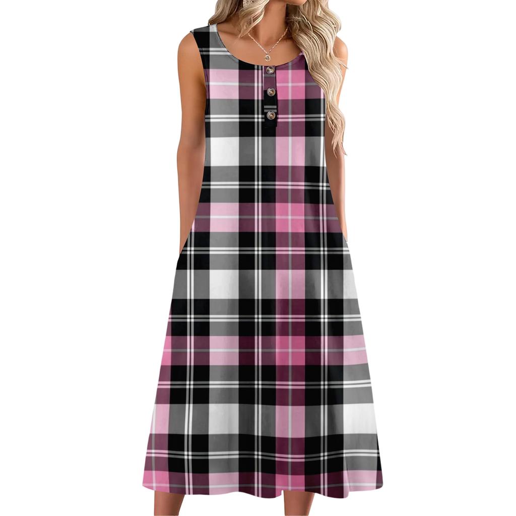 Damenmode lässiges ärmelloses Knopfdress mit Karomuster und Tasche