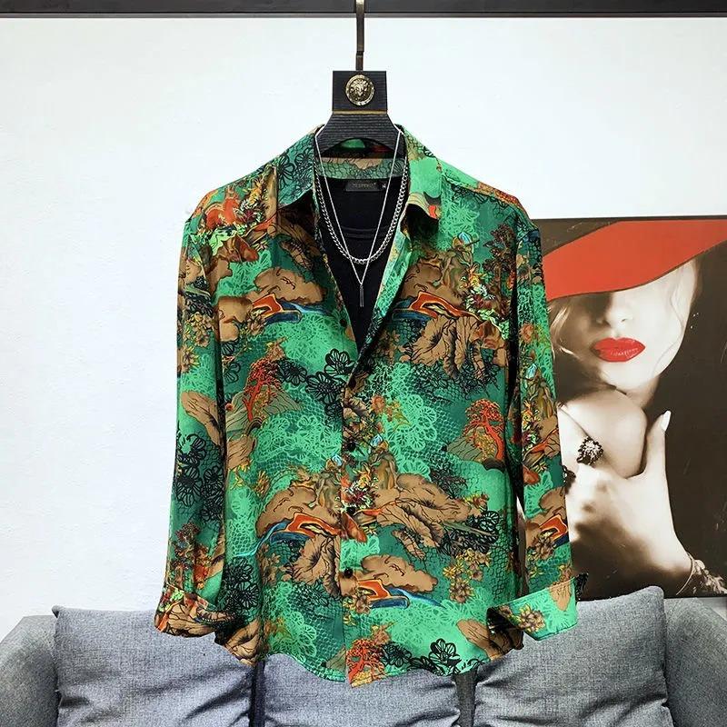 Men's Fall Yellow Floral Print Turn Down Collar Long Sleeve Shirt