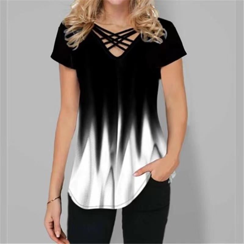 T-shirt da donna alla moda estiva casual allentata a maniche corte con stampa sfumata o-collo e camicette T-shirt comode top