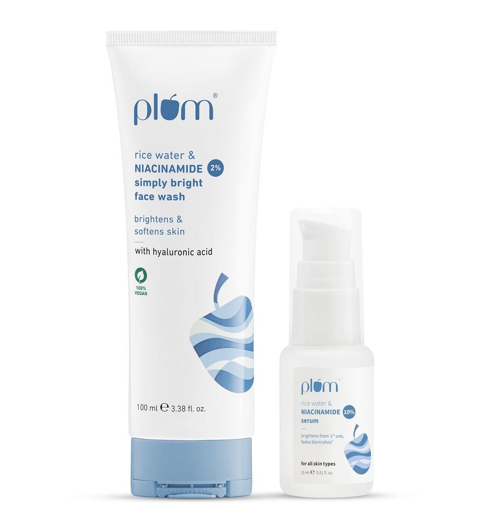 Plum Skin Brightening Combo | 2% Niacinamide Face Wash with Rice Water 100ml + 10% Niacinamide Serum 15ml | For All Skin Types