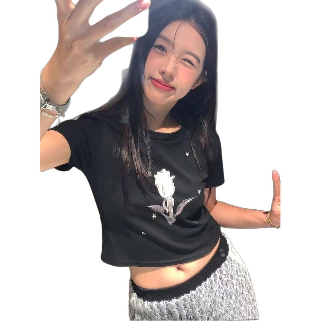 Homemade printed black short-sleeved T-shirt women's summer new sweet and spicy scheming waist women's top