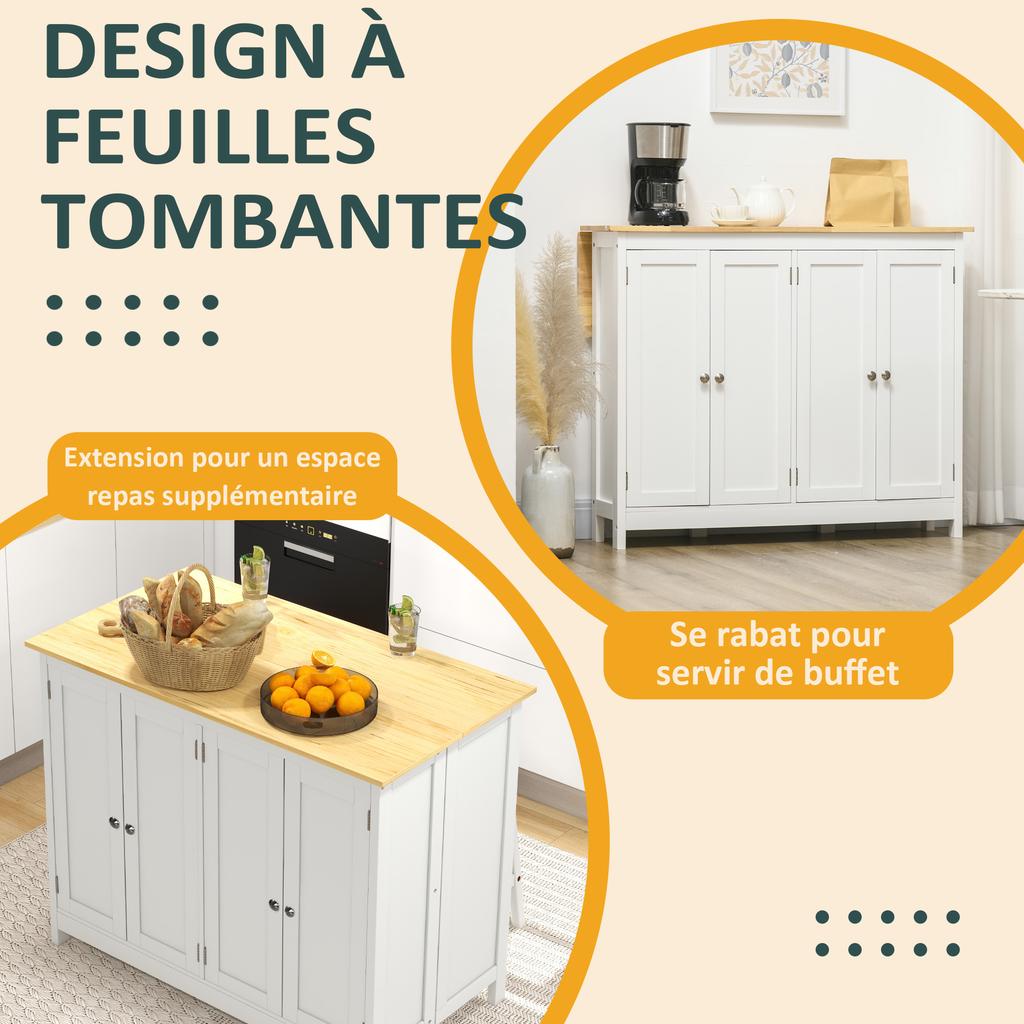 Kitchen island trolley with 2 stools drop-leaf worktop 2 cupboards with 4 doors modern design white