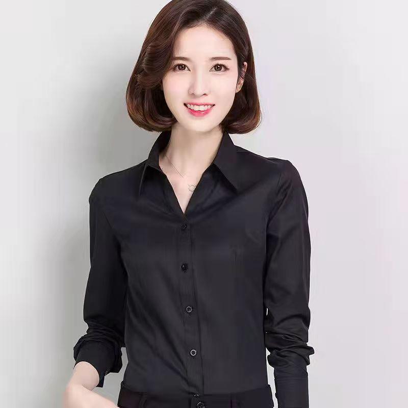 Women's Korean Style Slim Fit V-Neck White Long Sleeve Business Casual Shirt