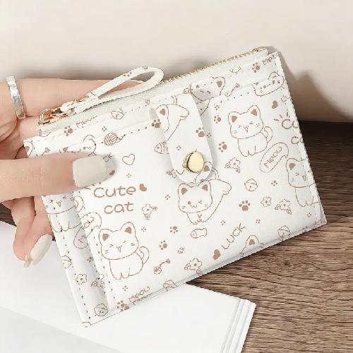 Cute Cat Ultra Thin Card Holder for Women, Lightweight Zipper Multi-Slot Wallet, Slim Card Case for Daily Carry