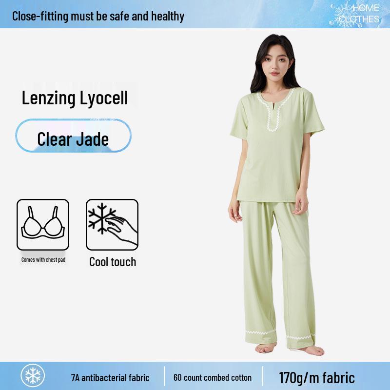 

Summer Antibacterial Lyocell Pajama Set for Mom with Bra Pads, Short Sleeves, Long Pants - Indoor/Outdoor Wear M (90-110 lbs)